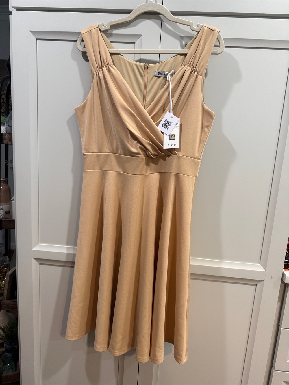 GRACE KARIN Sleeveless Wrap V-Neck A-Line Cocktail Party Dress Beige NWT Large